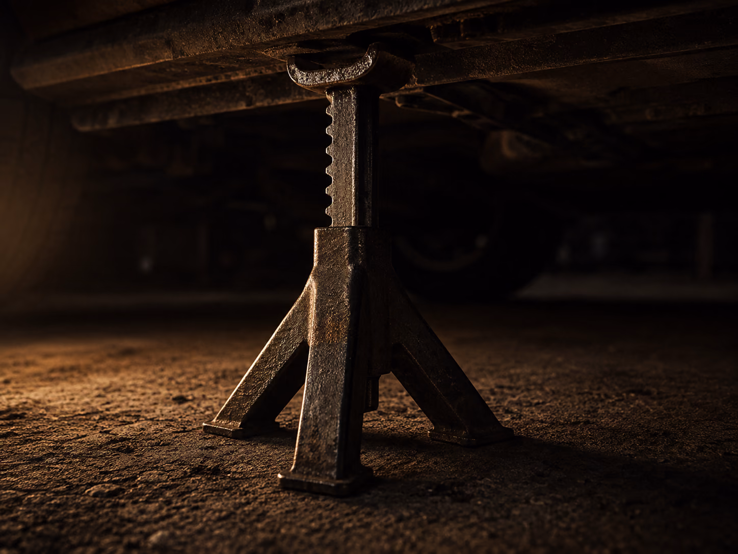 An axle stand planted on a concrete garage floor, its ratchet column raised and its saddle taking the weight of the car's sill just above it.