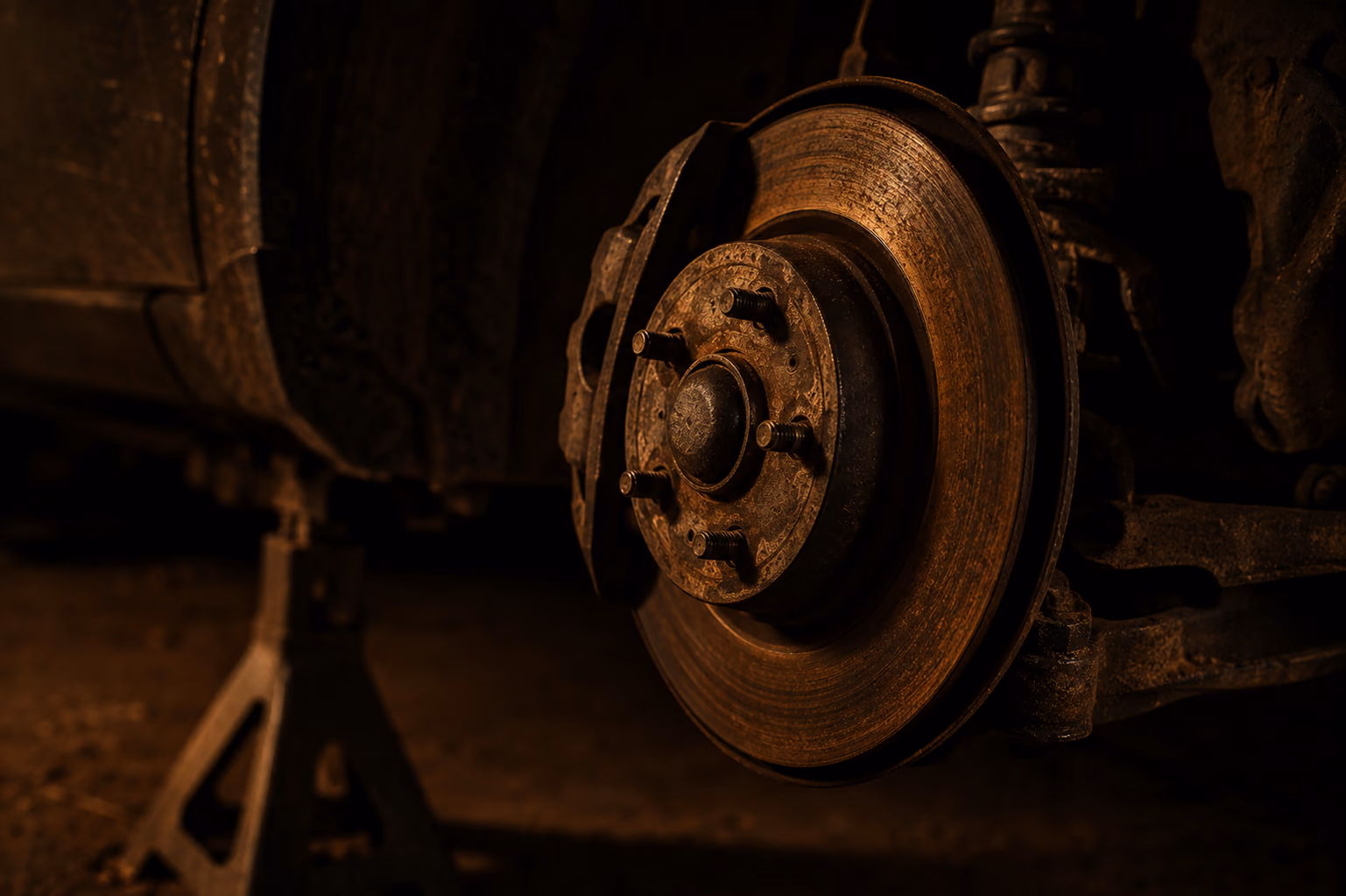 A bare wheel hub and brake disc with the wheel removed, the car resting on an axle stand visible behind on the garage floor.