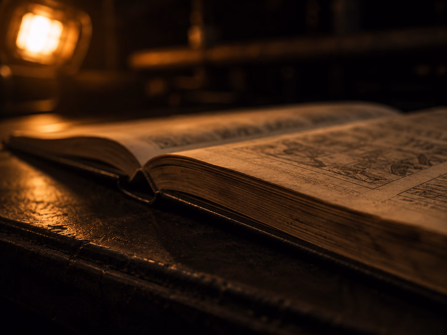 An open technical manual on a workbench in a dark garage, lit by a single worklight, its pages thumbed and worn at the edges.